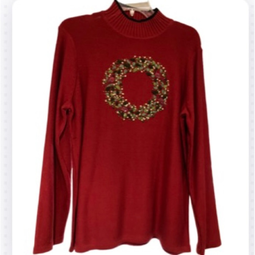 NWT Vintage Merry and Bright Red Christmas Sweater With Black Trim Size Large - Picture 9 of 16